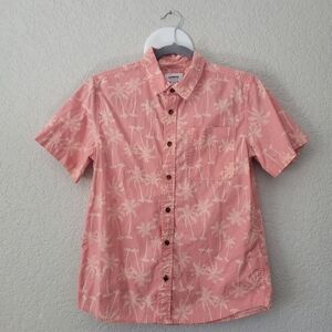 Pink button up shirt with palm trees.